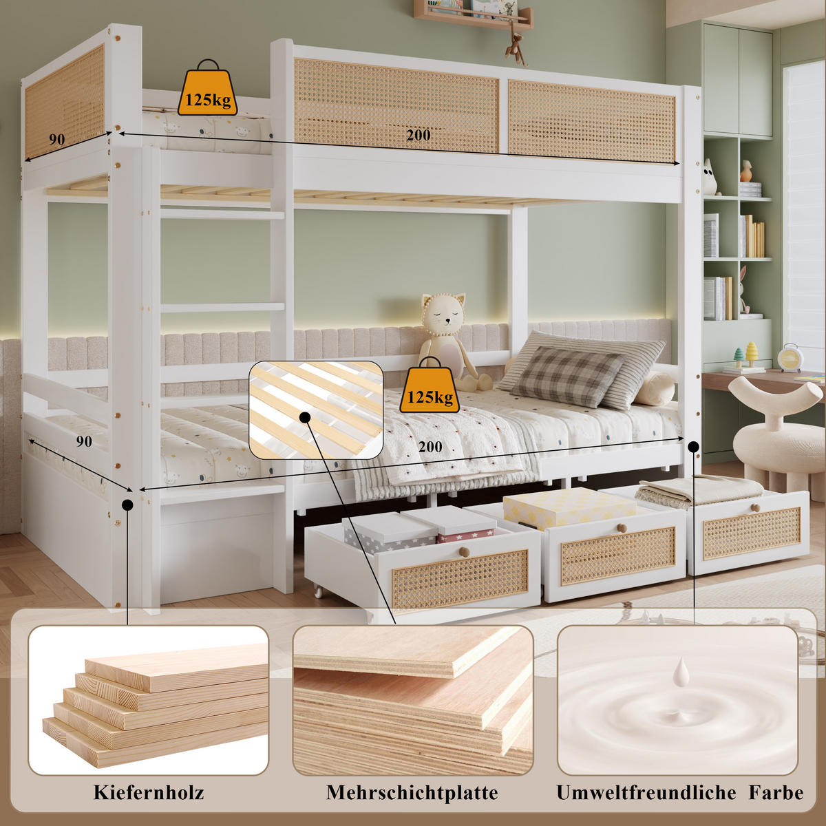 ETAGENBETT 90/200 cm in Weiß & Natur mit 3 Schubladen - Weiß, Holz/Holzwerkstoff (90/200cm) - WISHDOR