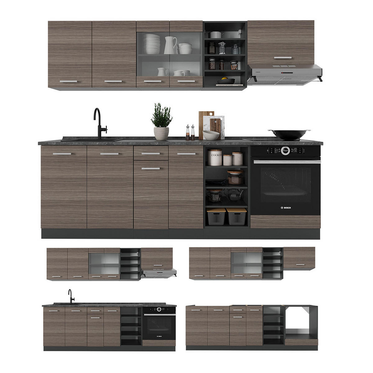KÜCHENZEILE R-Line Edelgrau/Anthrazit 240 cm , AP Marmor - Anthrazit/Braun, Holzwerkstoff (240/81.6/60cm) - Vicco