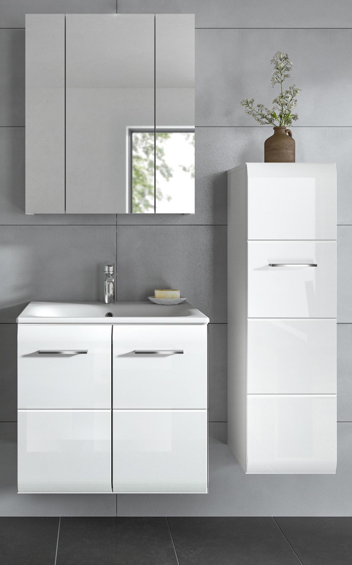 BADMÖBEL SET 3-teilig weiß Hochglanz 105 cm, Badkombination inklusive Waschbecken - Weiß Hochglanz/Silberfarben, Holzwerkstoff/Kunststoff (105/185/46cm) - Inn.Furn