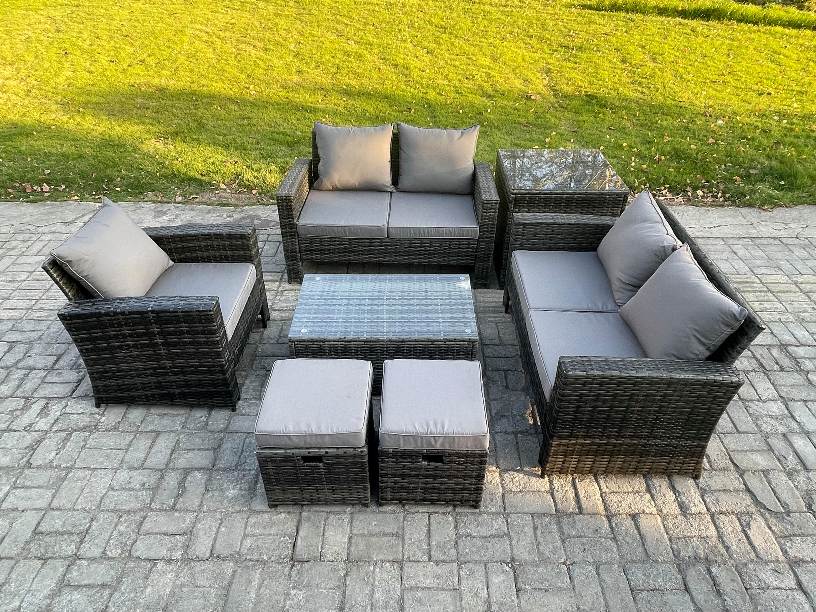 GARTENSOFA Hohe Rückenlehne Polyrattan Dunkelgrau 7-Sitzer - Dunkelgrau, Metall - Fimous