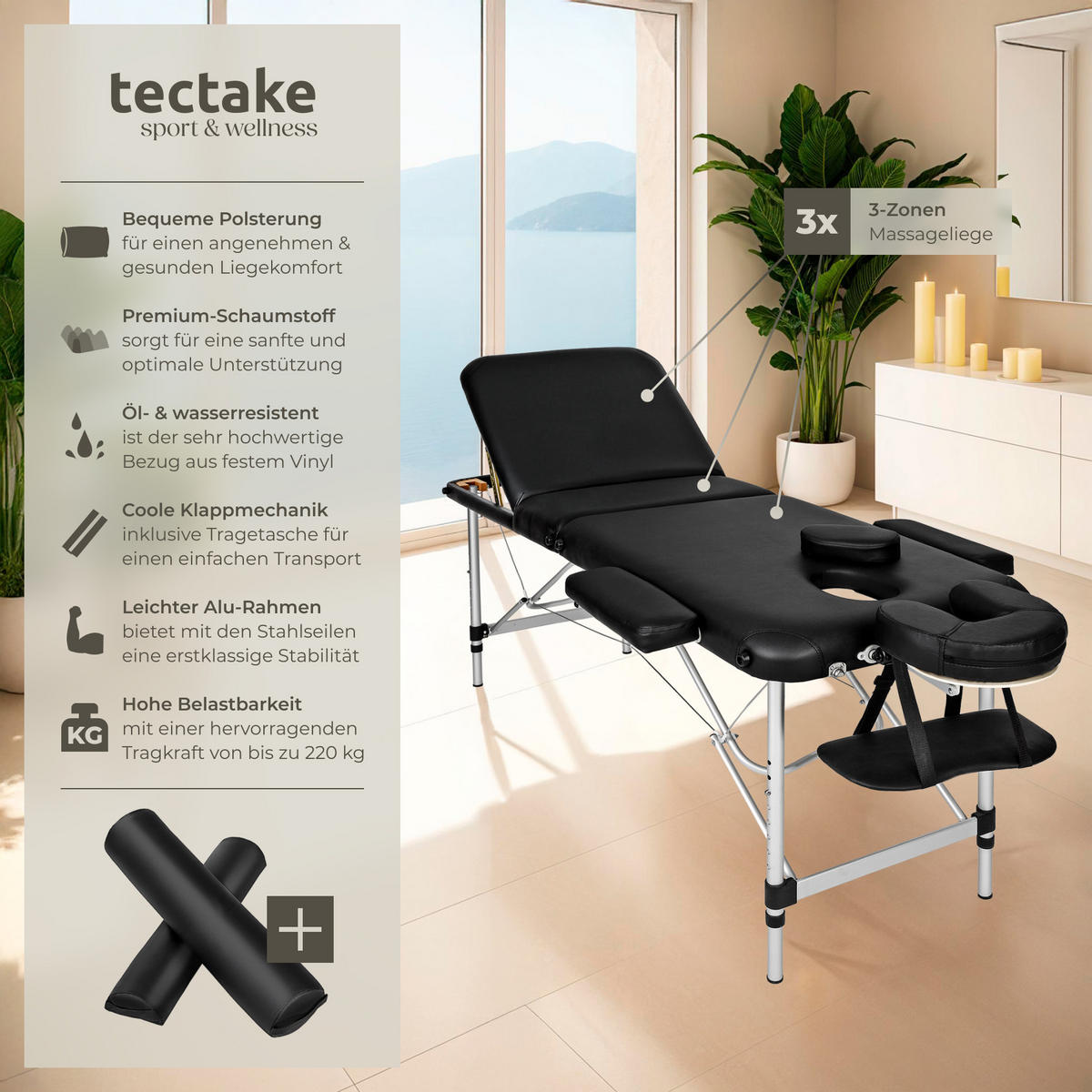 MASSAGELIEGE 3 Zonen, 210 x 95 x 89 cm,schwarz - Schwarz, Metall (95/89/210cm) - tectake