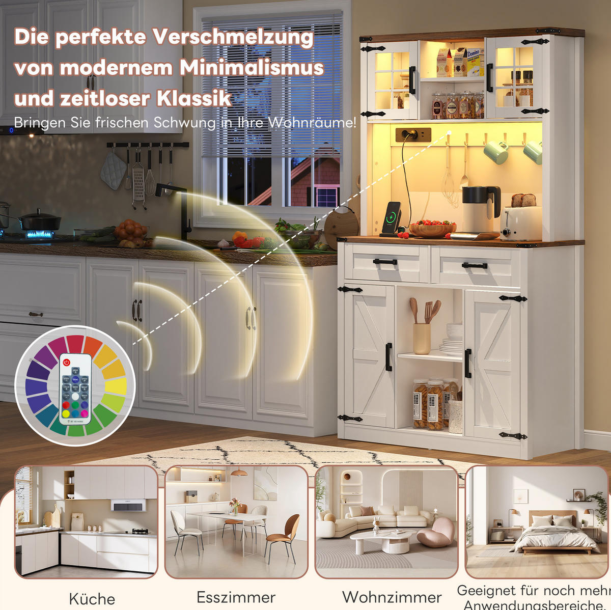 BUFFET aus MDF 100x40x172 cm Braun-Weiß mit LED-Beleuchtung, Steckdosen, USB-C und verstellbaren Einlegeböden im Scheunentor-Design - Braun, Holzwerkstoff (100/172/40cm) - Modfu