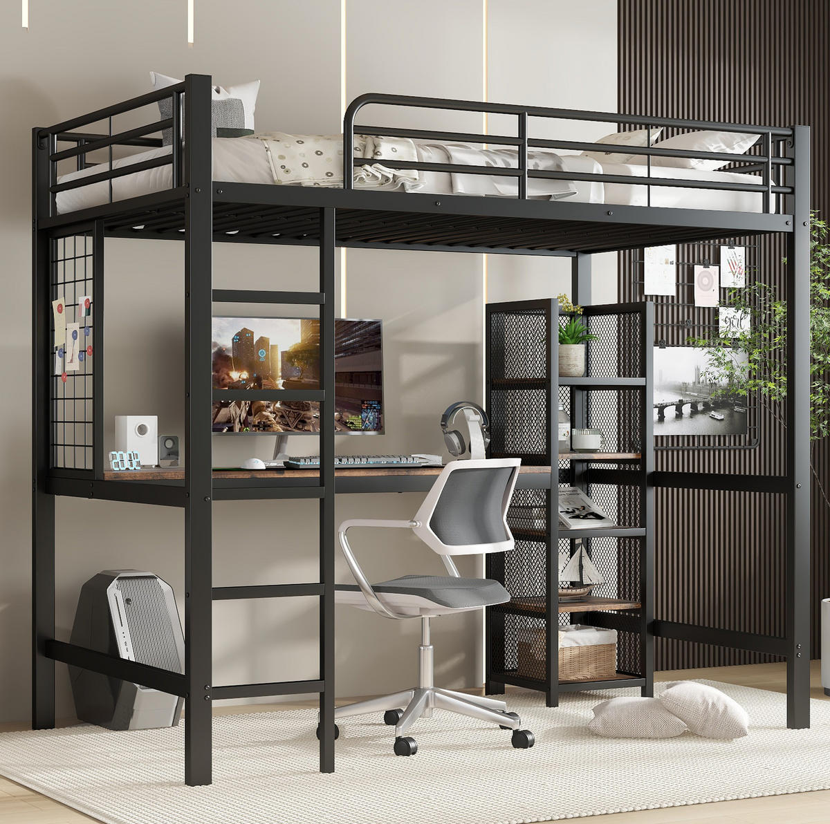 HOCHBETT aus Metall und MDF 90x200 cm Schwarz-Dunkelholz mit Schreibtisch und Regal - Schwarz, Holzwerkstoff (90/200cm) - IVMEU