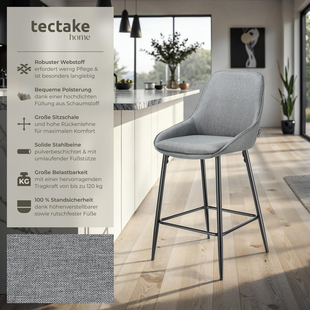 THEKENSTUHL Siera,49 x 54 x 100 cm, Belastbarkeit 120 kg,Webstoff grau/schwarz - Schwarz/Grau, Kunststoff (49/100/54cm) - tectake