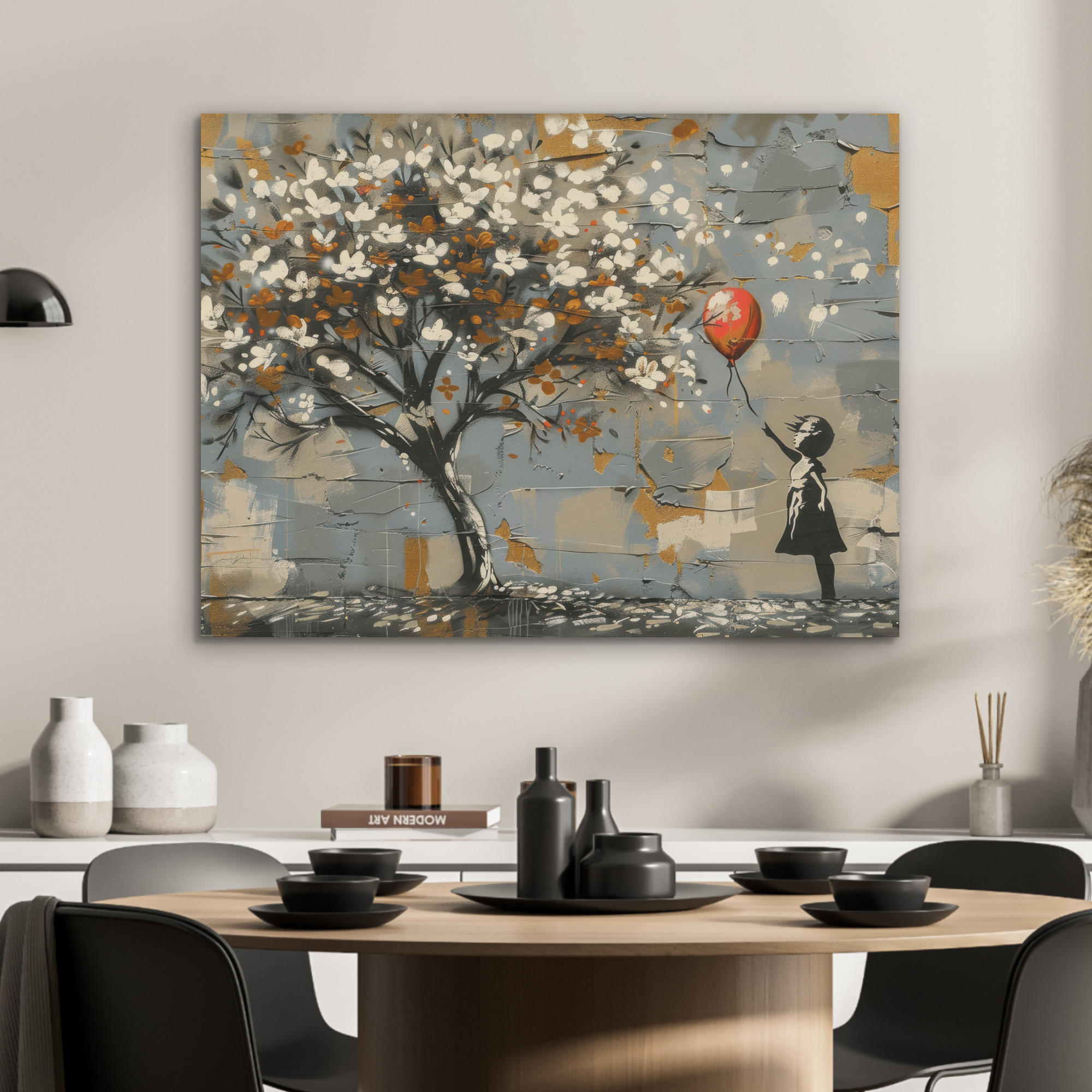 AKUSTIKPANEEL Baum - Graffiti - Banksy-Stil - Ballon-Mädchen 80x60 cm - Blaugrau, Textil (80/0.9/60cm) - MuchoWow