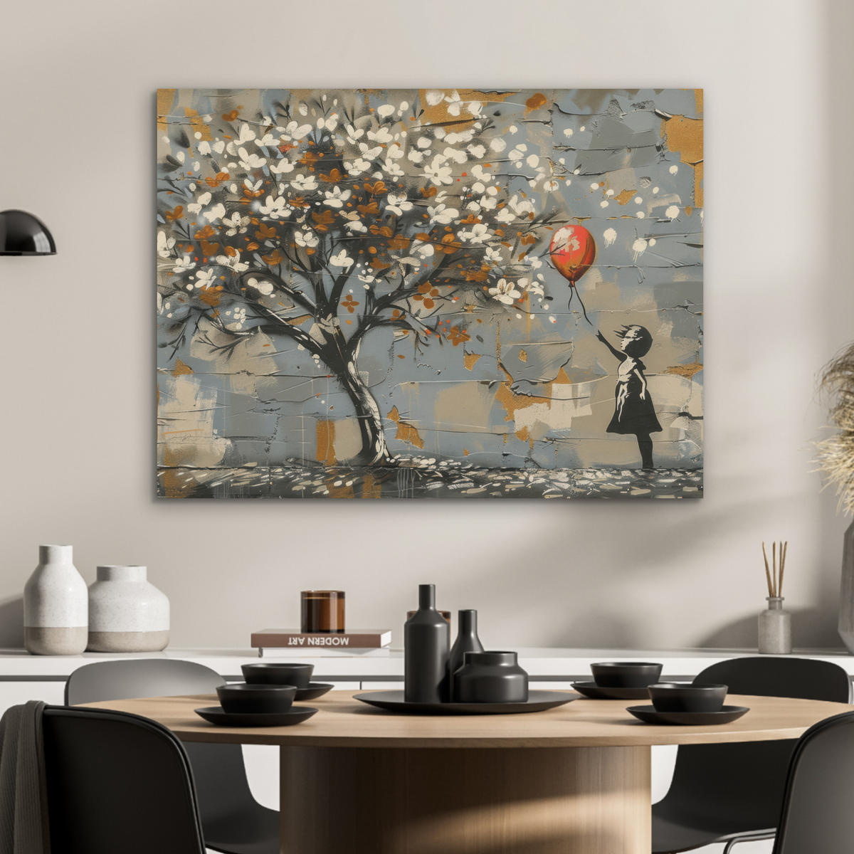 AKUSTIKPANEEL Baum - Graffiti - Banksy-Stil - Ballon-Mädchen 80x60 cm - Blaugrau, Textil (80/0.9/60cm) - MuchoWow
