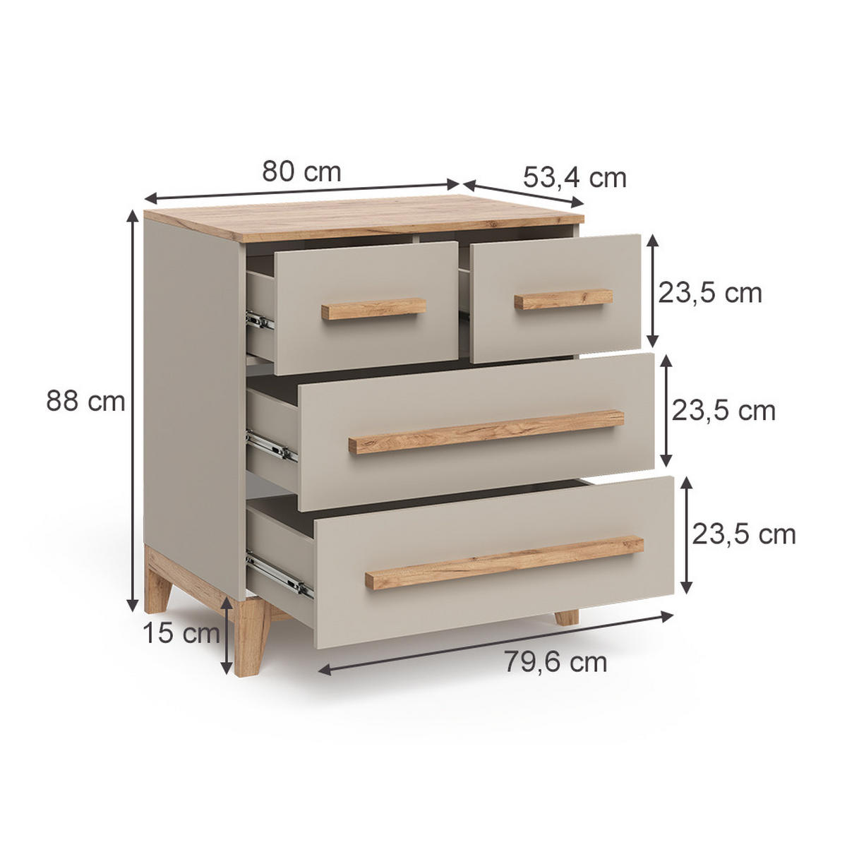 KOMMODE Malia Cashmere/Artisan 80 x 88 cm mit 4 Schubladen - Hellgrau/Weiß, Holzwerkstoff (80/88/53.4cm) - VitaliSpa