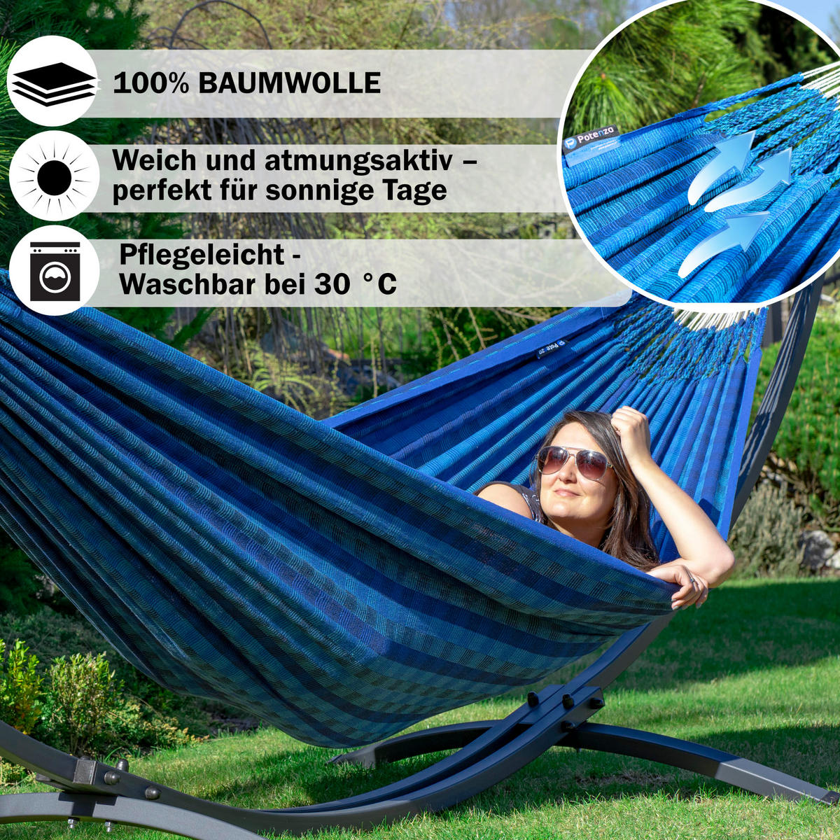 HÄNGEMATTE mit Gestell, 2 Personen, XXL, 200 kg, Metall, Morena Blau, einfache Montage - Blau, Metall (370/130/120cm) - Potenza