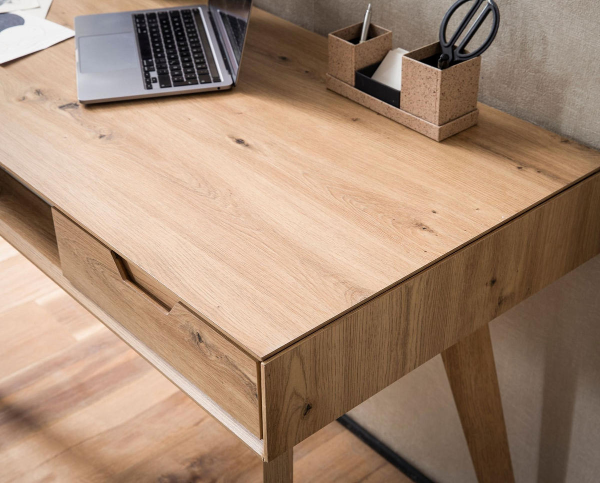 SCHREIBTISCH – 120x55x77 cm, Skandinavischer Stil, 2 Schubladen, Eichenbeine - Beige, Eichenholz/Holz (55/120/77cm) - KADIMA DESIGN