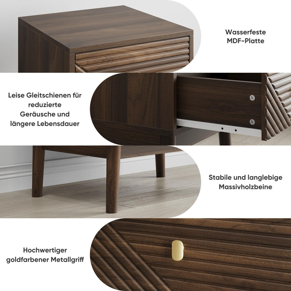 NACHTTISCH Set 2er Walnuss 40 cm – Mid Century Nachtkonsole mit Rillenfront & Goldgriff - Walnussfarben, Holzwerkstoff (40/55/40cm) - Urban Meuble