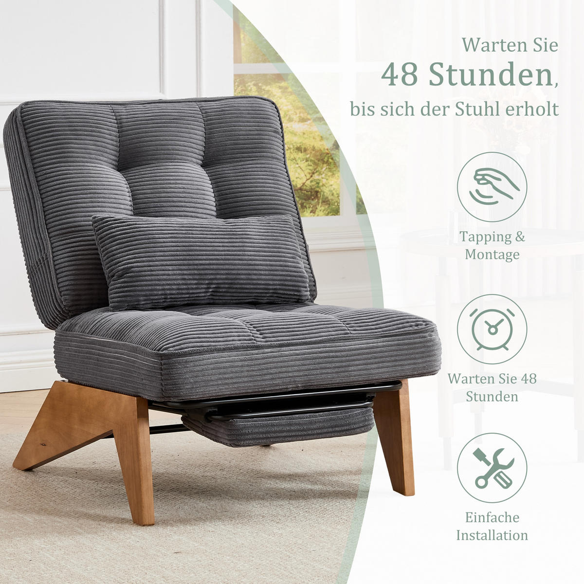 SCHAUKELSTUHL Dunkelgrau Cord mit Fußstütze, Lendenkissen und Holzbeinen - Dunkelgrau, Textil (73/90/127cm) - Oxeza
