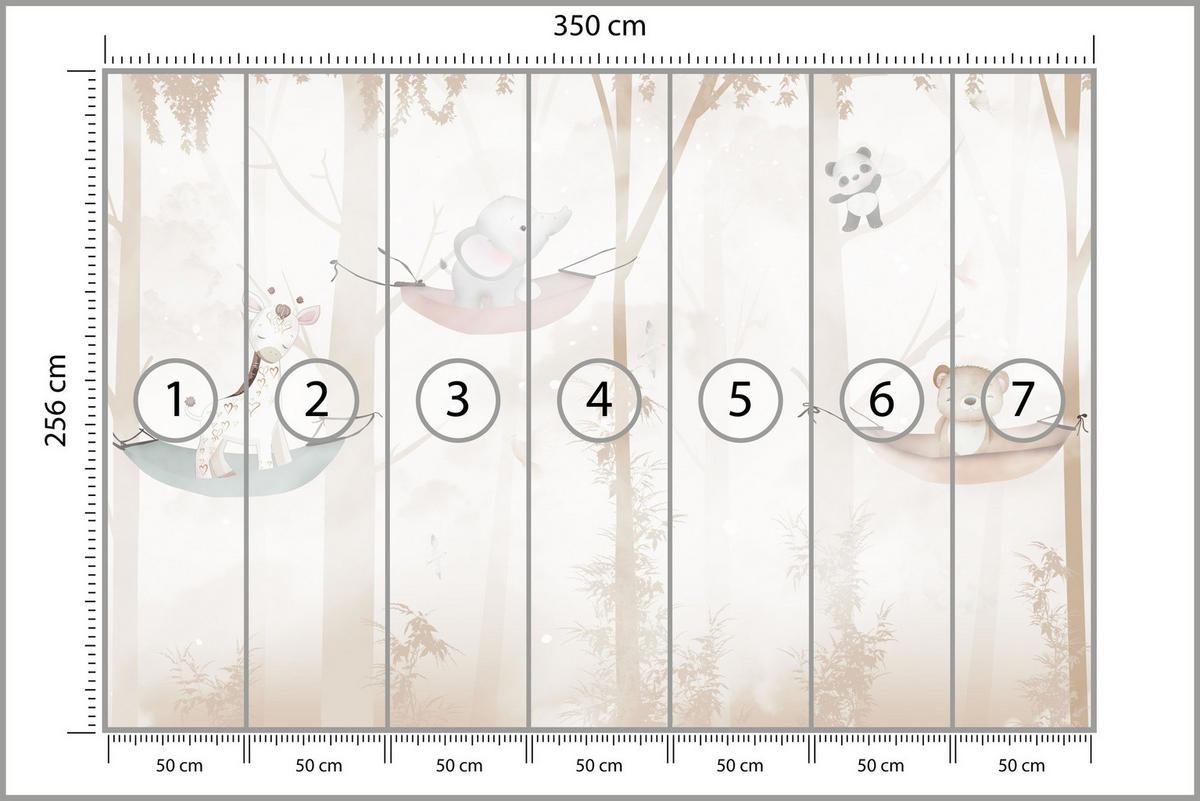 FOTOTAPETE für Kinderzimmer Tiere Hängematten WALD Elefant Giraffe 350x256 - Beige/Schwarz, Papier (350/256cm) - Muralo