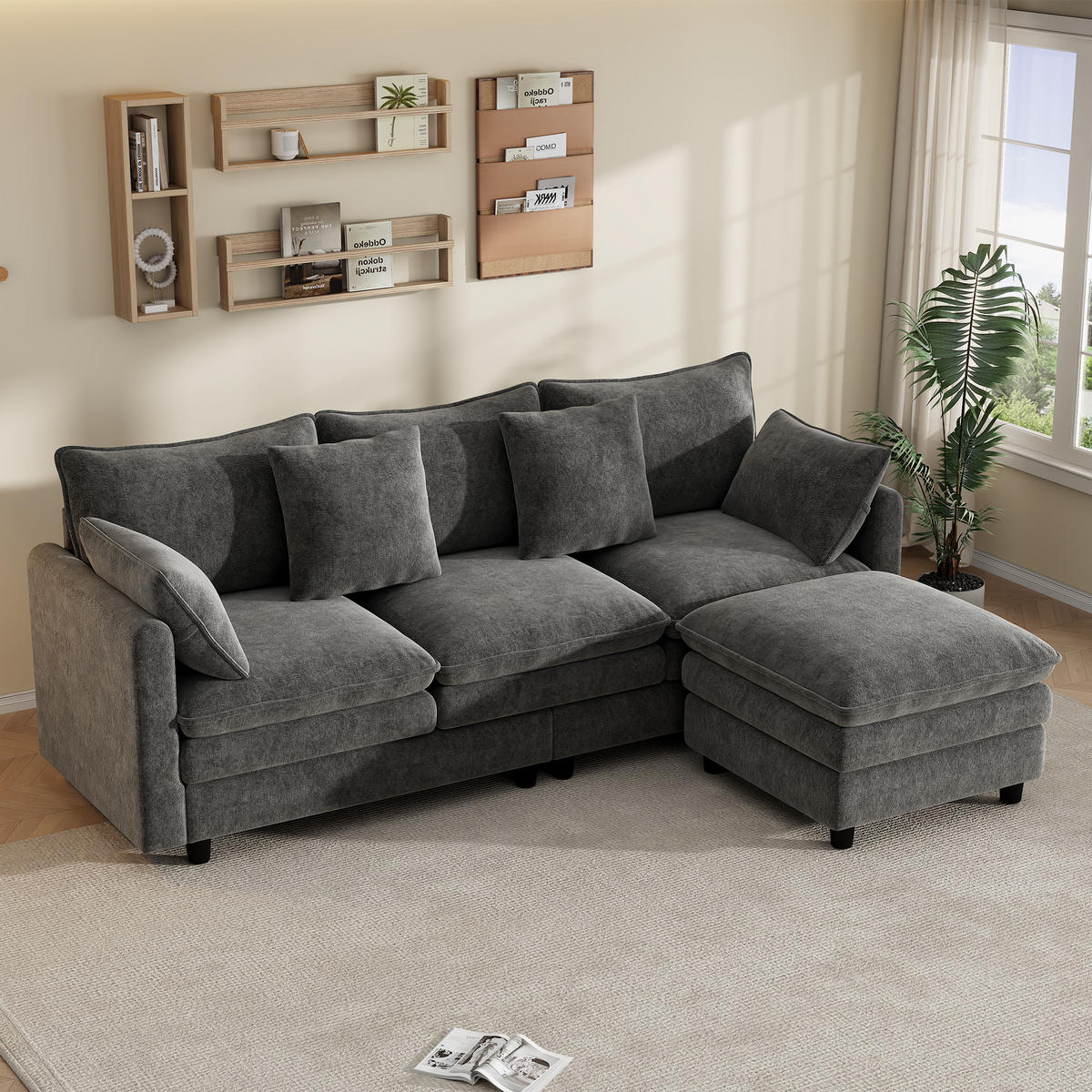ECKSOFA 212/150/90 cm Grau mit 4 Zierkissen und 3 Rückenlehnen - Grau, Textil (212/150cm) - Oxeza
