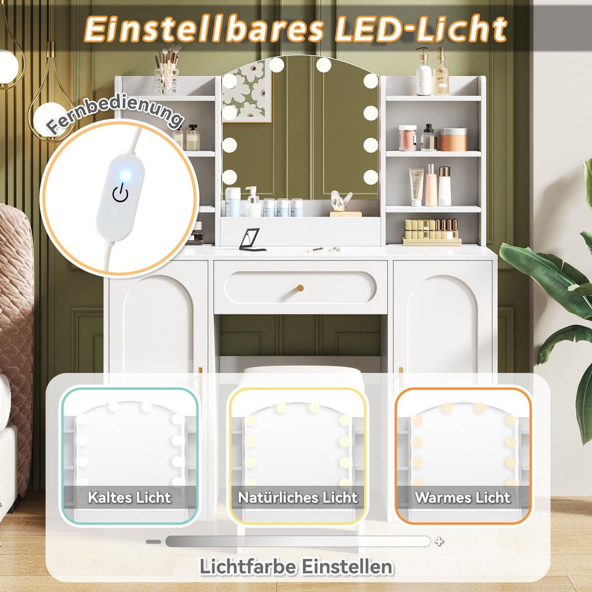 GROSSER Schminktisch mit LED-Spiegel, dimmbar, inkl. Hocker, 1 Schublade & 2 Türen, modern, Weiß, 110x40x132 cm - Weiß, Holz (40/132/110cm) - Ej. Life