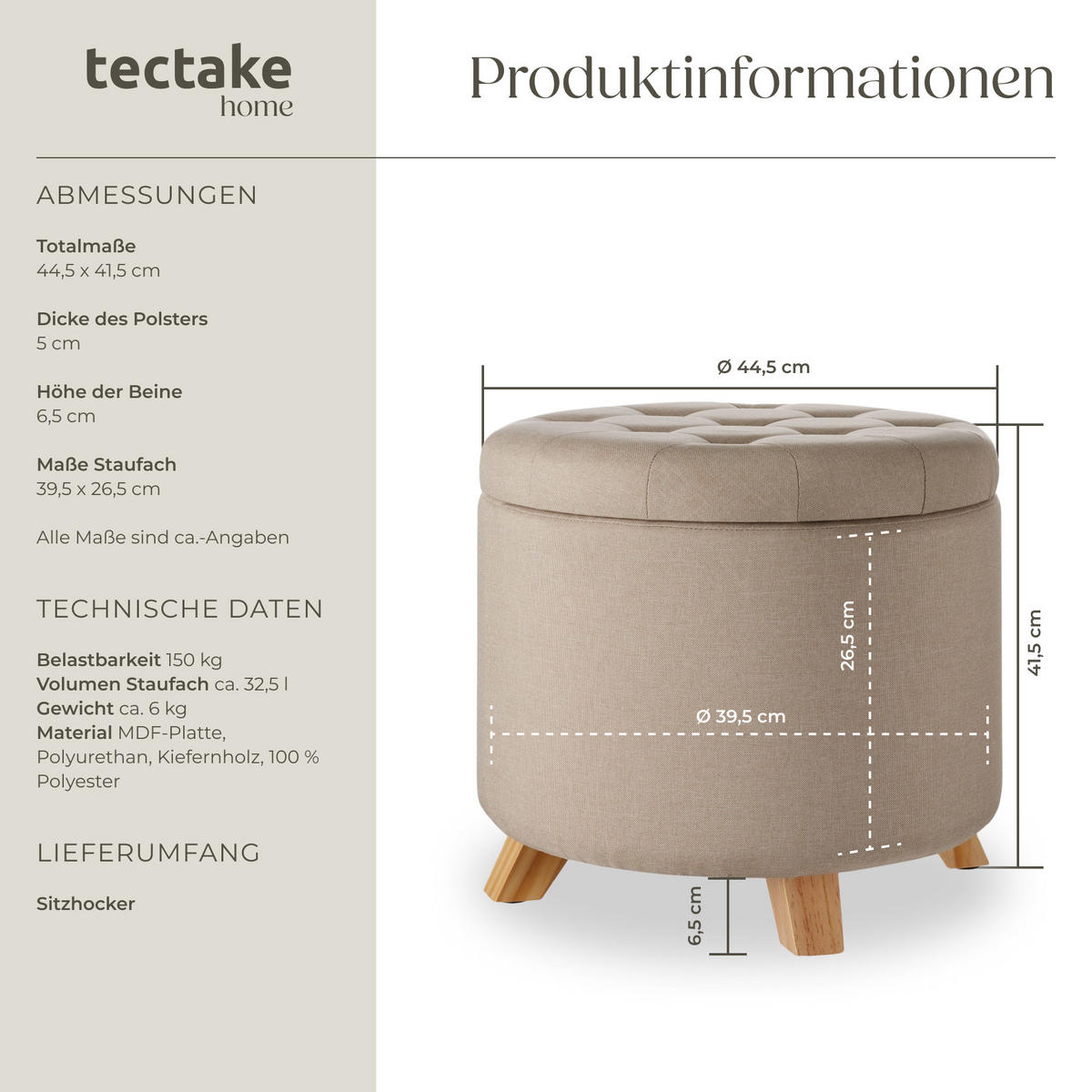 SITZHOCKER mit Stauraum Suna,44,5 x 41,5 cm,Sand - Sandfarben, Holz (44.5/41.5/44.5cm) - tectake