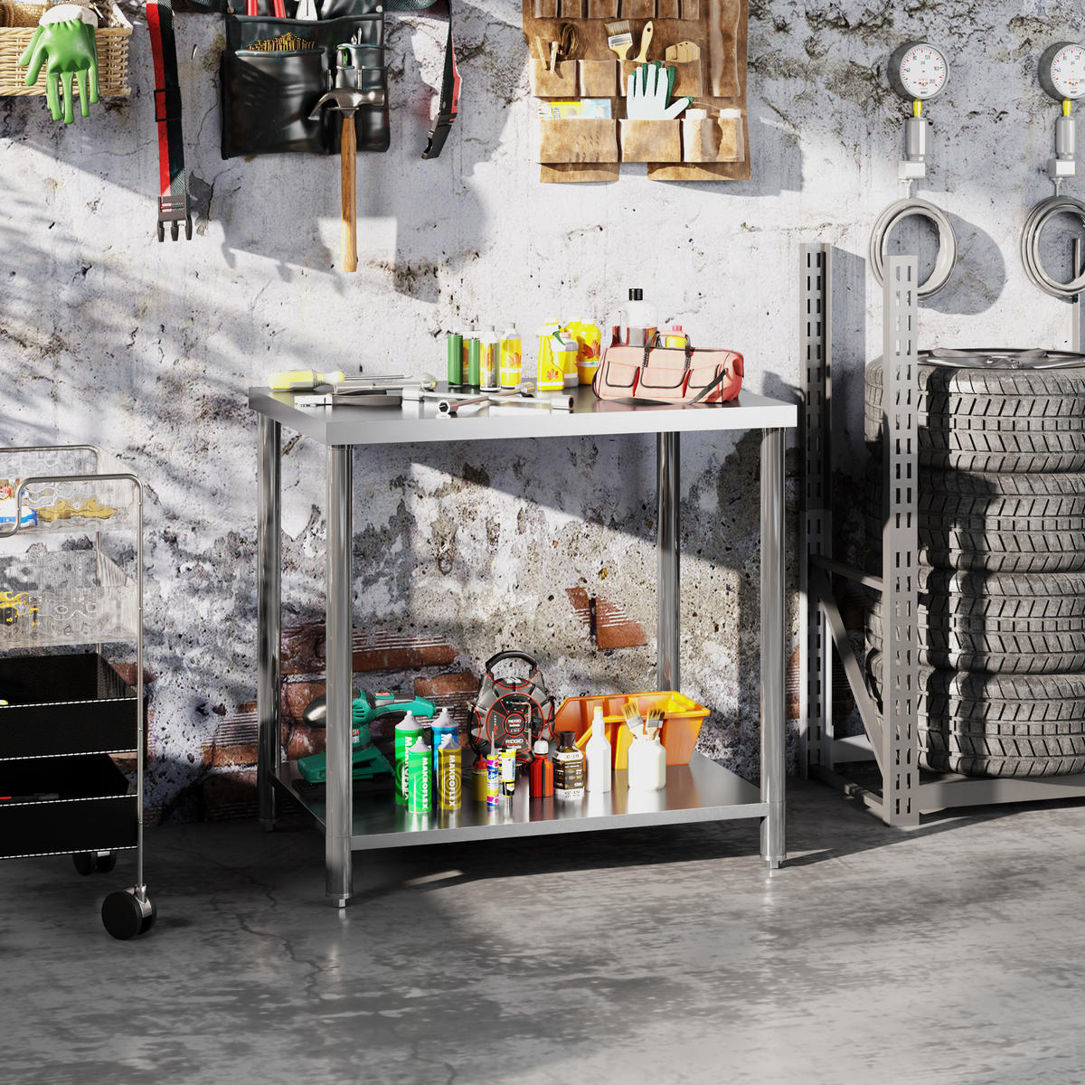 WERKBANK DE-18994 Edelstahl, 2 Ablagen, 90x60 cm Silber - Silberfarben, Metall (60/86/90cm) - ComfortXL