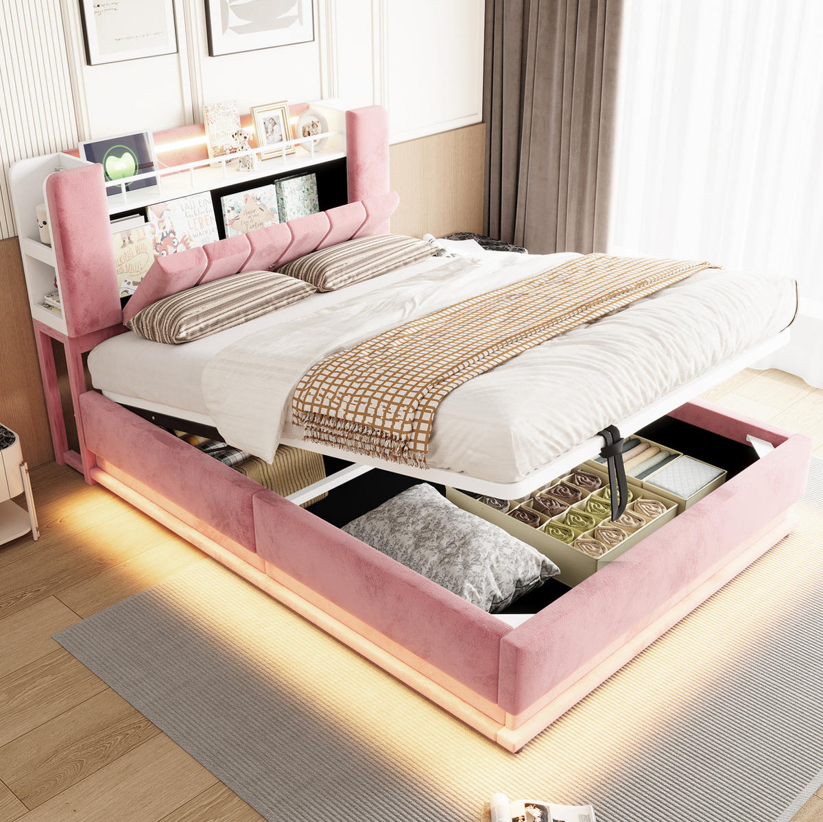 POLSTERBETT mit Samtbezug 140x200 cm Rosa mit LED-Beleuchtung, USB-Anschlüssen und Stauraum - Pink, Textil (140/200cm) - Modfu
