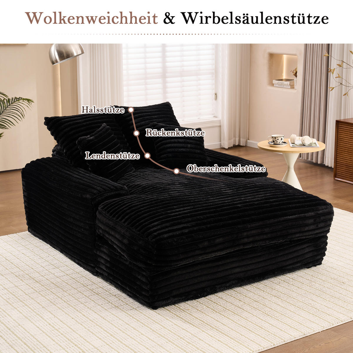 RELAXLIEGE Cordstoff mit Memory-Schaum und 4 Kissen 137/175/63 cm Schwarz - Schwarz, Textil (137/63/175cm) - Redom