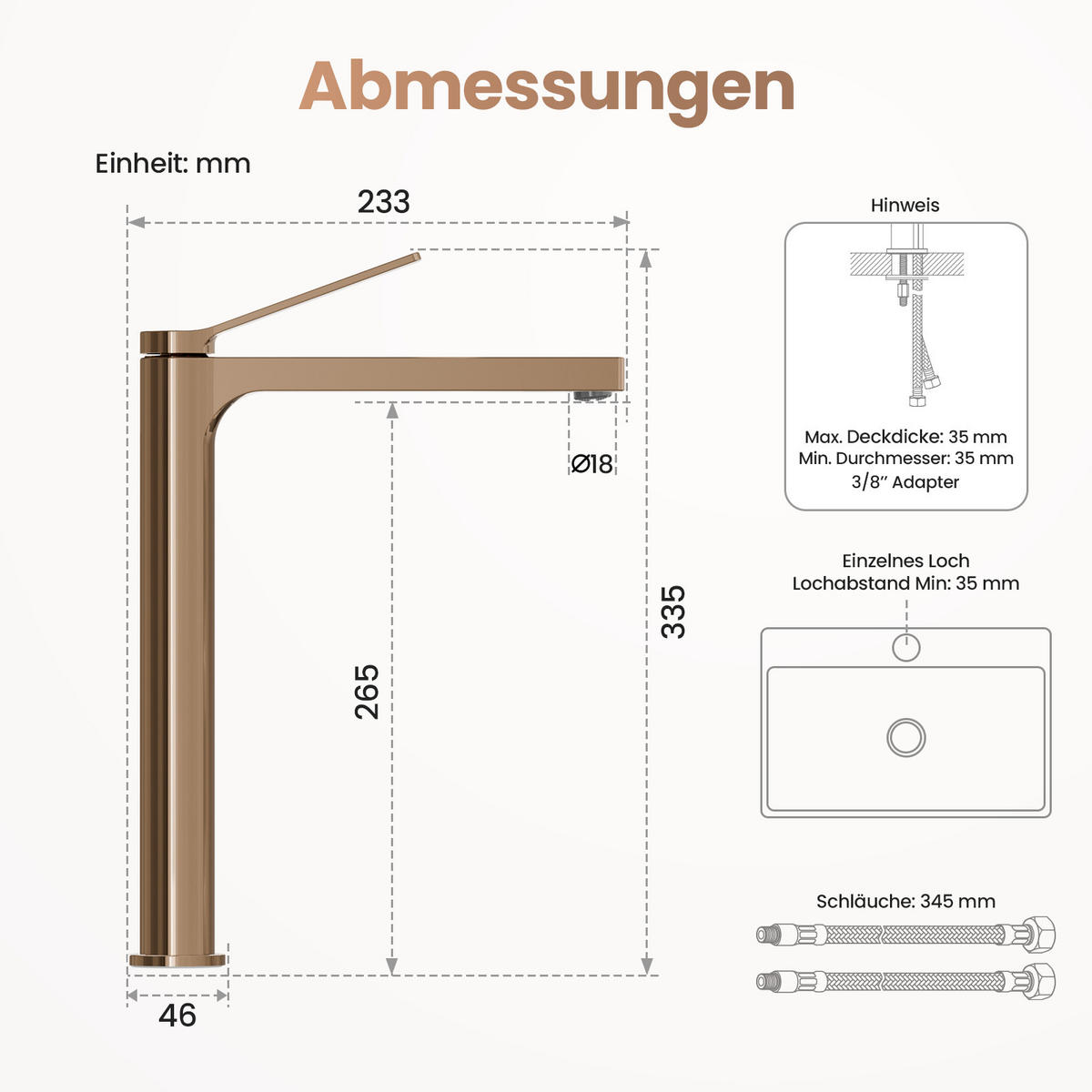 WASCHTISCHARMATUR mit Zertifiziertem Filterelement Rosengold Hoher Stil - Roségold, Metall (23.3/4.6/33.5cm) - EMKE