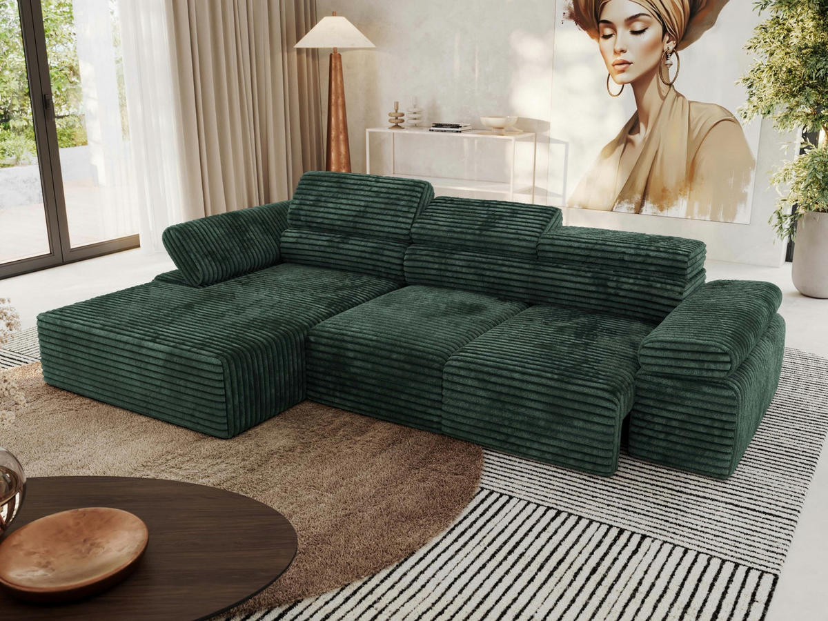 ECKSOFA RILASSO L Grün Cord - links - Schwarz/Grün, Kunststoff/Textil (296/174cm) - MKS