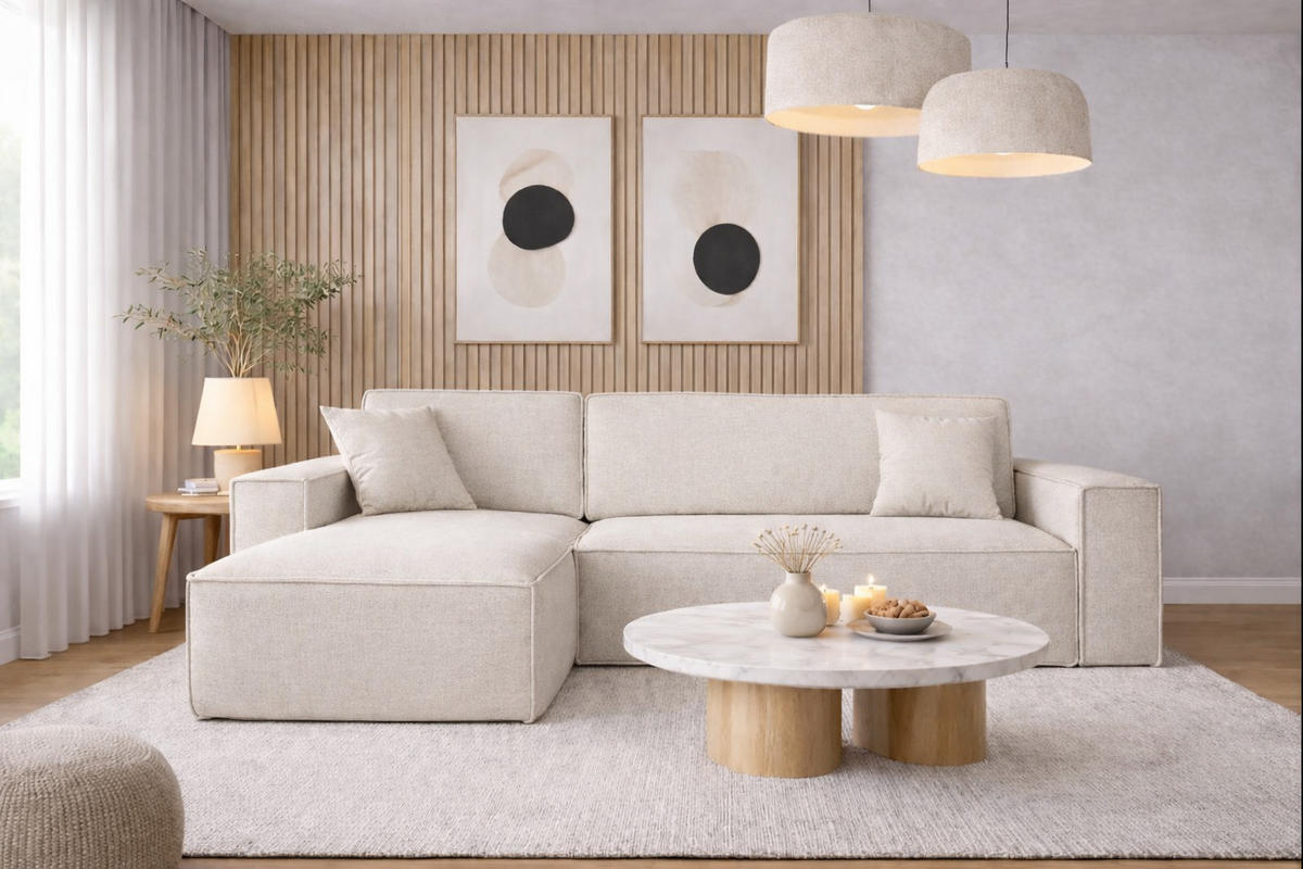 ECKSOFA, Best L-Form, Stoff Neve, Ecru, Links - Ecru, Holz (142/244cm) - Kaiser Möbel