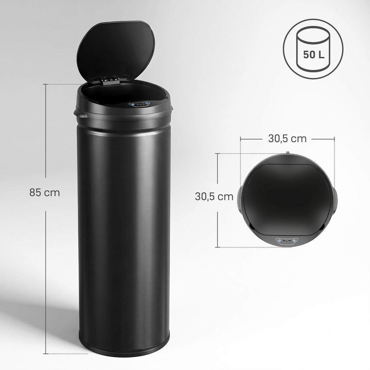 MÜLLEIMER AUTOMATISCHER SENSOR 30,5/30,5/85 cm Edelstahl Schwarz Soft-Close Küche - Schwarz, Metall (30.5/85/30.5cm) - Rolipo