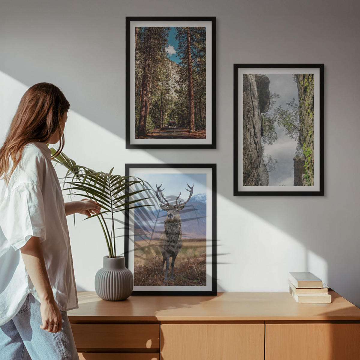 WANDBILDER 3er-Set - 40x60 cm Schwarzer Rahmen - Straße Wald Berge Hirsch Natur - Schwarz, Kunststoff (40/60cm) - ArtPrintCave