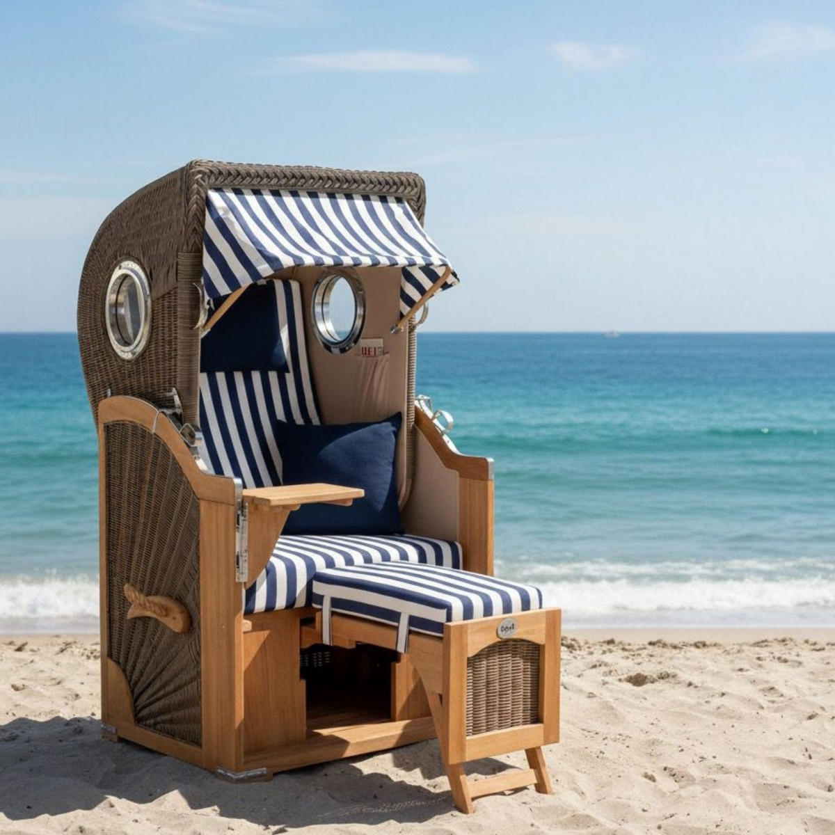 STRANDKORB Düne Single Teak 1-Sitzer - Blau/Braun, Holz/Textil (96/165/80cm) - Mr. Deko