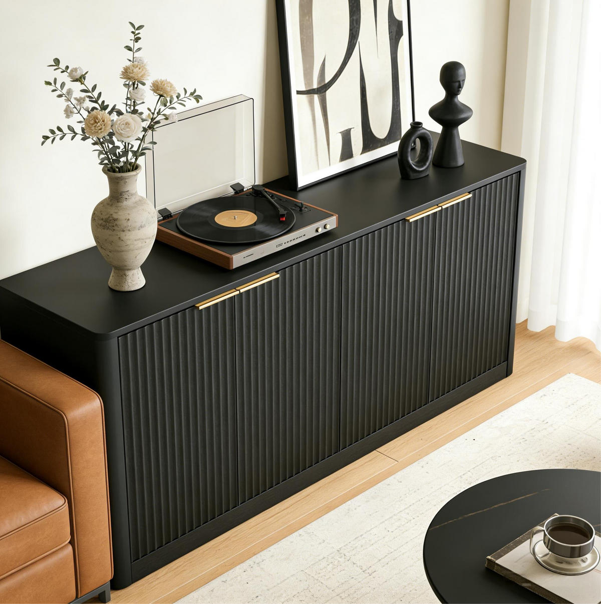 SIDEBOARD 150/40/70,5 cm in Schwarz mit 4 Türen und Wellenfront - Schwarz, Holzwerkstoff (150/70.5/40cm) - Flora Grace