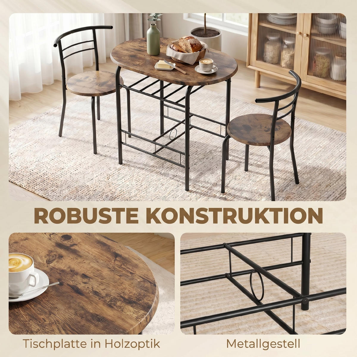 ESSGRUPPE MDF Metall Rustikal-Braun - Schwarz/Braun, Holzwerkstoff/Metall (52/76/80cm) - HOMCOM