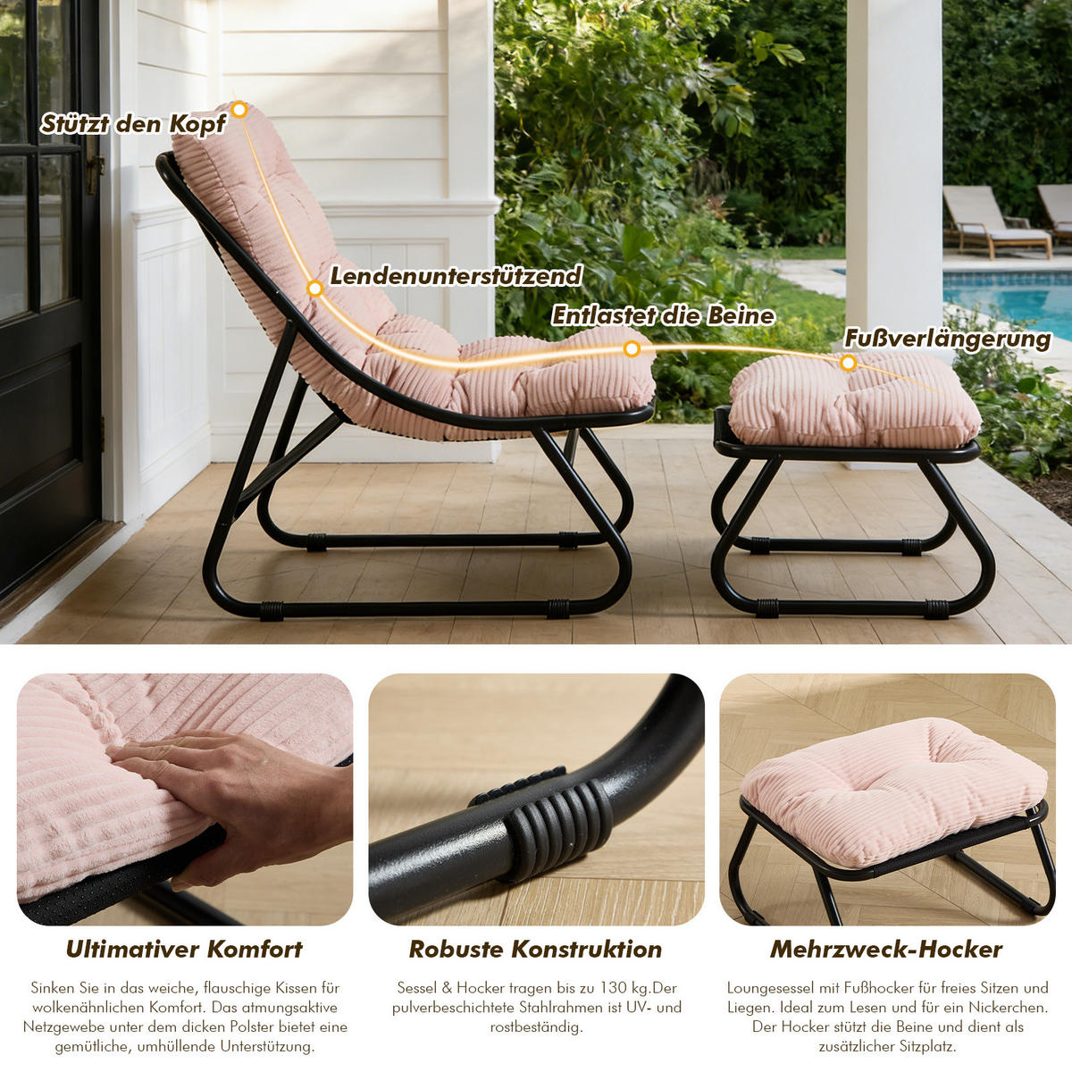 SESSELSET, Relaxsessel mit Hocker,Stahlrahmen,Cord,Rosa - Rosa, Textil/Metall (78/86/65cm) - LVHOM