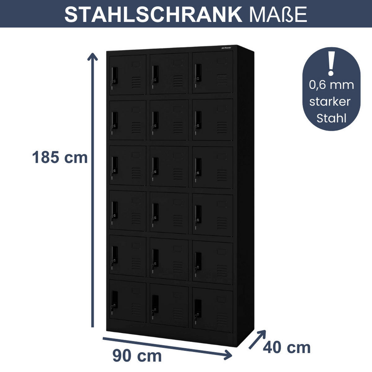 SCHLIESSFACHSCHRANK Spind BERN 18 Fächer185x90x40cm Schwarz - Schwarz, Metall (90/185/40cm) - DELUKE