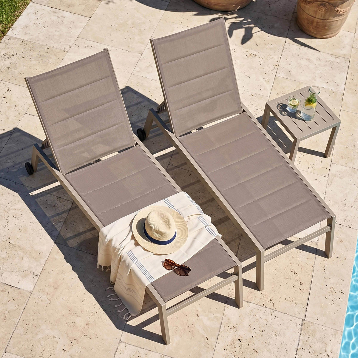 SONNENLIEGE 2-tlg., Taupe - Taupe, Metall (202/103/65cm) - Oviala