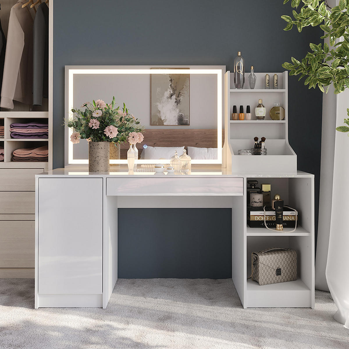 SCHMINKTISCH Sherry Weiß/Weiß Hochglanz 158.2 cm 3 Teile - Weiß Hochglanz, Holzwerkstoff (158.2/76/50.1cm) - Vicco