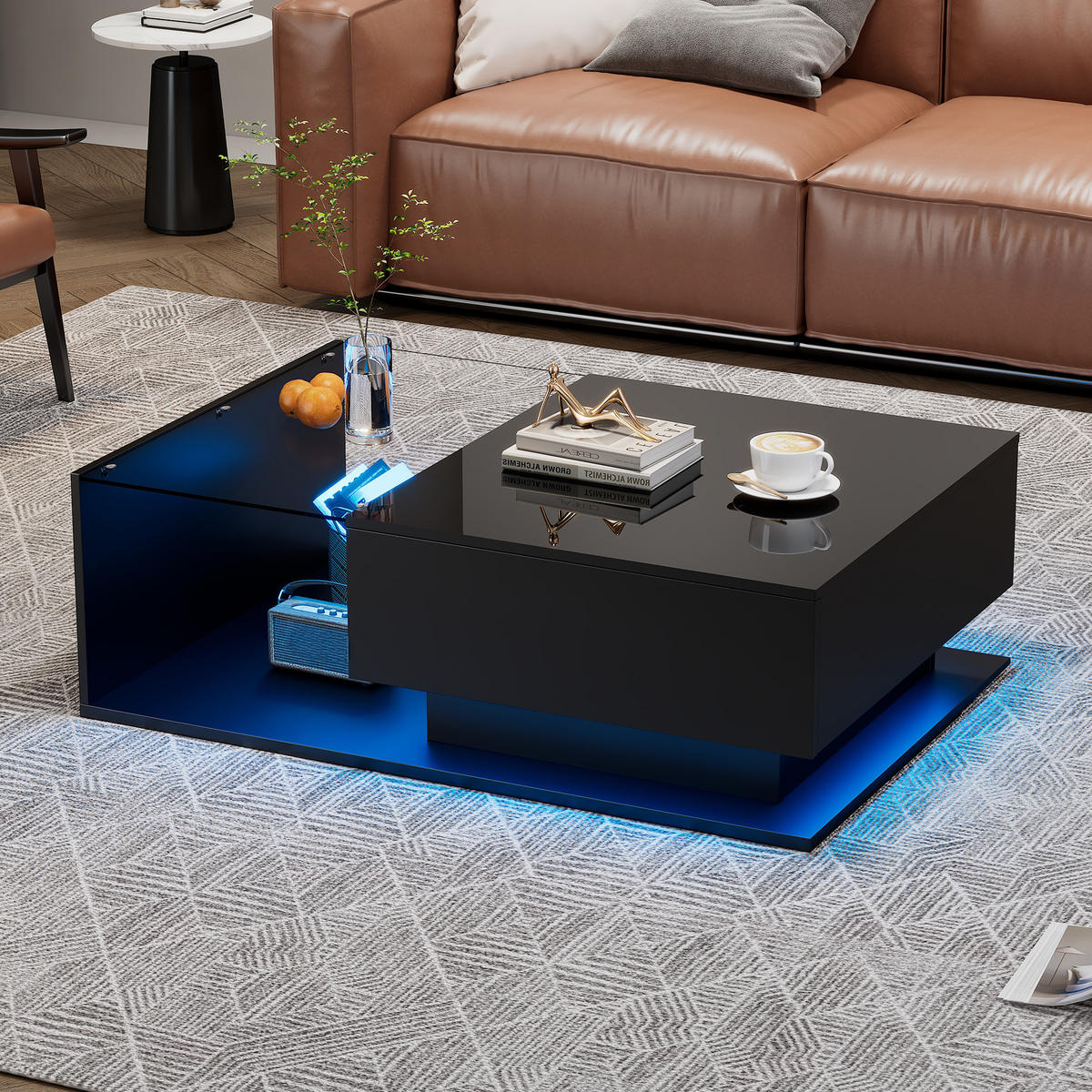 COUCHTISCH 100/50/32 cm schwarz mit Glasplatte und LED-Beleuchtung - Schwarz, Holzwerkstoff (100/50/32cm) - OKWISH