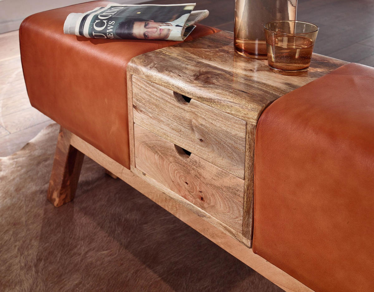 SITZBANK Massivholz Stoffbezug mit 2 Schubladen, Braun 120x30x56 cm - Braun, Mangoholz/Leder (120/56/30cm) - KADIMA DESIGN