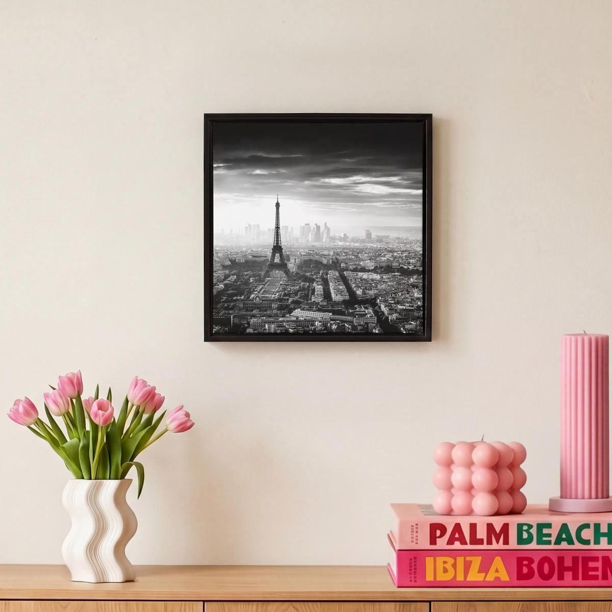 LEINWAND Bilder mit Rahmen - Paris - Skyline - Eiffelturm - Stadt - Wolken - 20x20 - Dunkelgrau, Textil (20/20cm) - MuchoWow