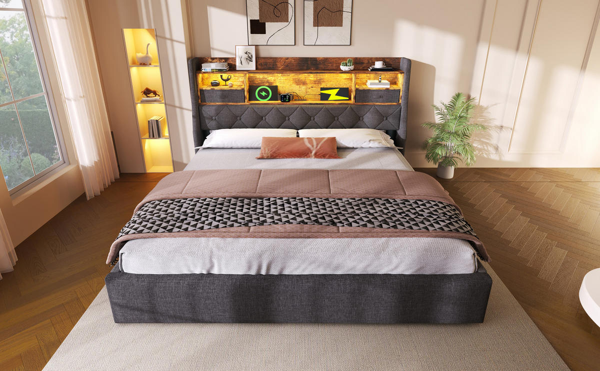 ČALOUNĚNÁ POSTEL 140/190 cm v šedé barvě s úložným prostorem, LED a USB-C - šedá, kov/kompozitní dřevo (140/190cm) - CHICFURN