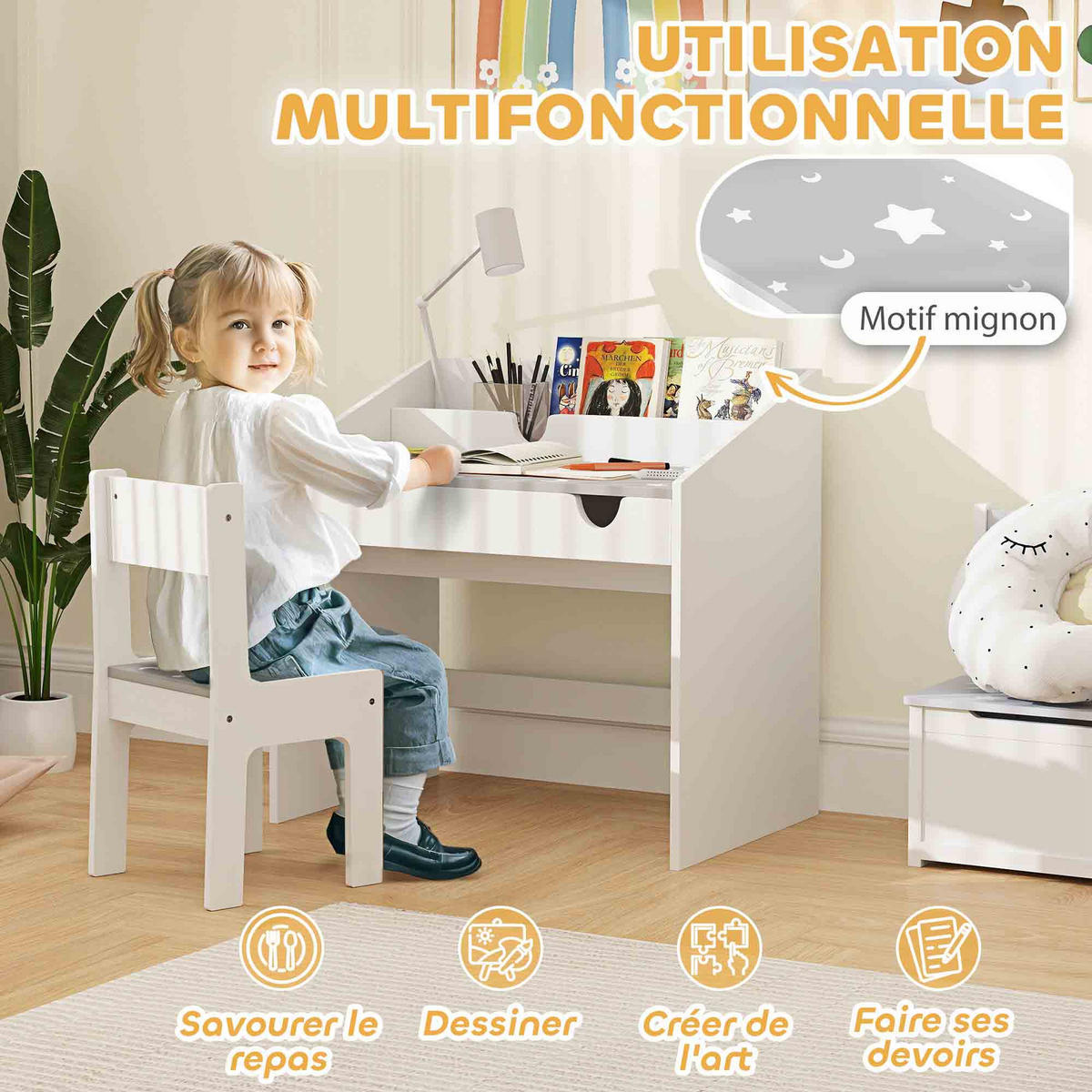 SCHREIBTISCH-SET DE-17524 mit Schublade und Sternenmotiv Grau - Grau, Holzwerkstoff (69/75/50cm) - ComfortXL