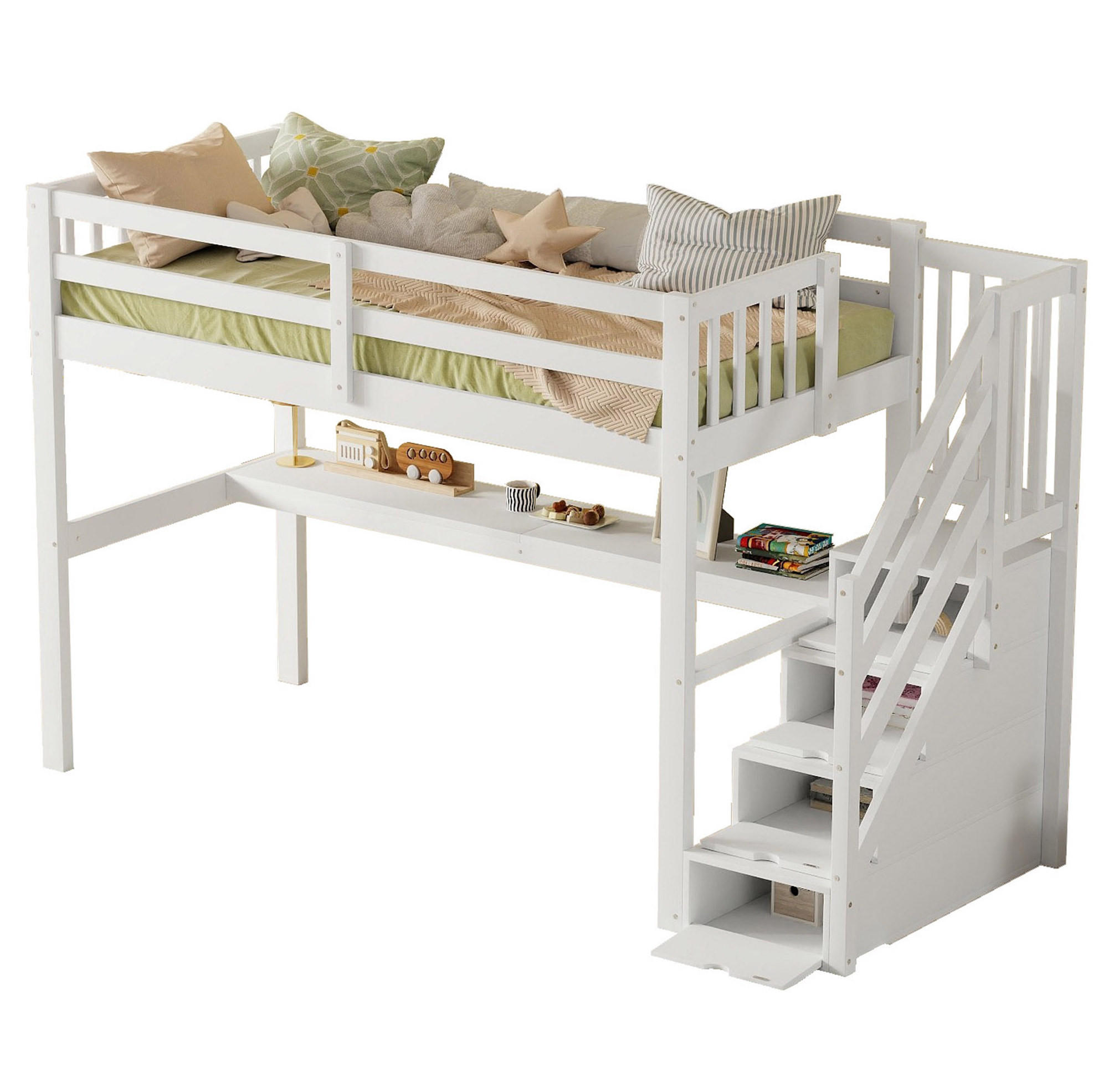 HOCHBETT 90/200 cm in Weiß – mit Schreibtisch, Stauraumtreppe und Rausfallschutz - Weiß, Holz (90/200cm) - BEAOK