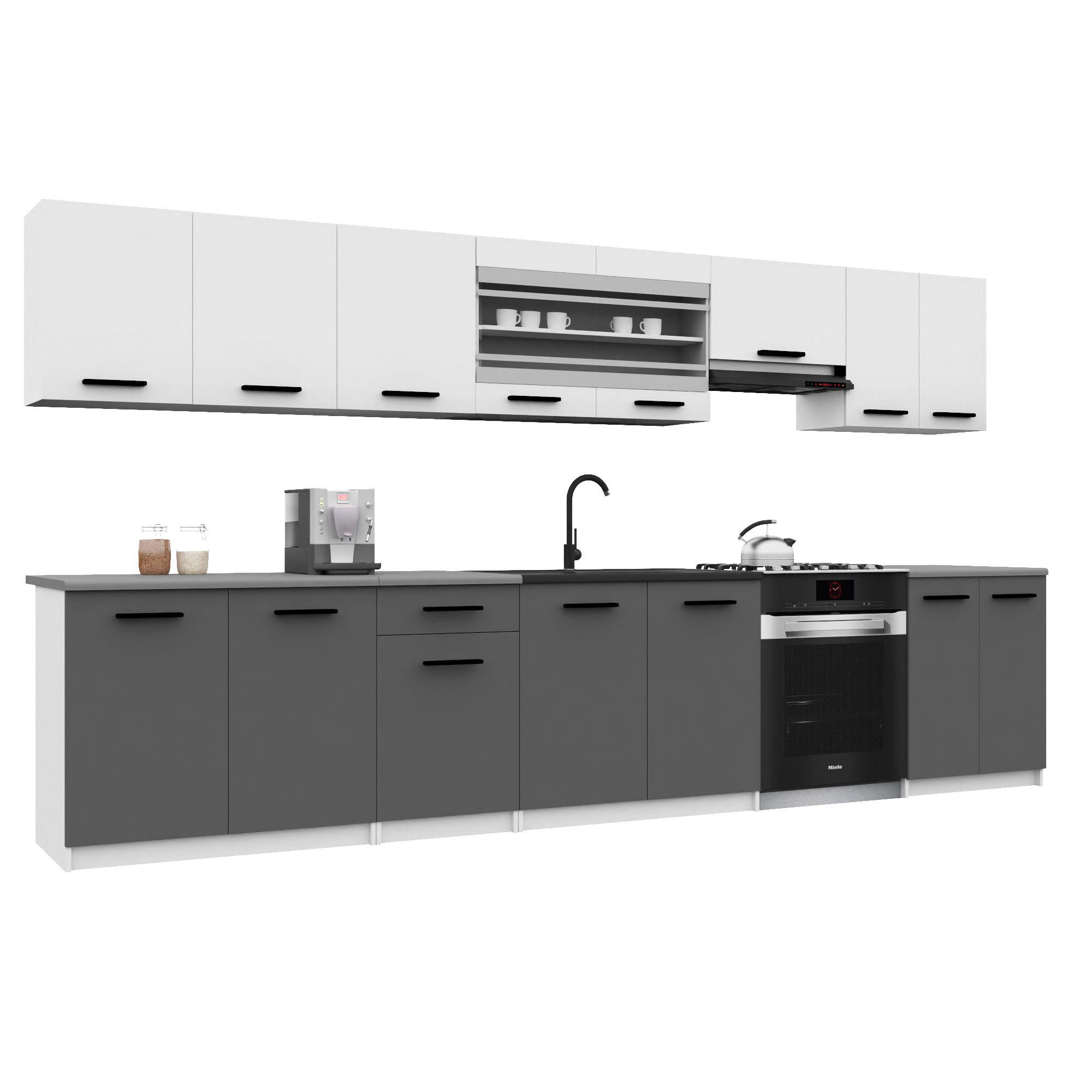 KÜCHENZEILE Italia 3 320 cm, mit Arbeitsplatten, Weiß-Grau Matt - Weiß/Grau, Holz (320/143/60cm) - B BELINI GROUP