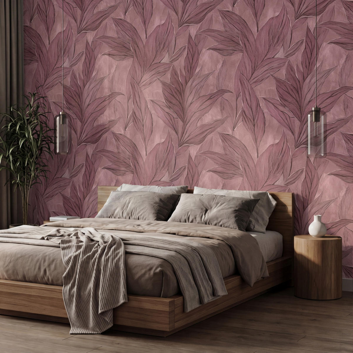TAPETE - Blätter - Muster - Lila - 350x240 cm - Altrosa, Papier (350/240cm) - OnlyWow