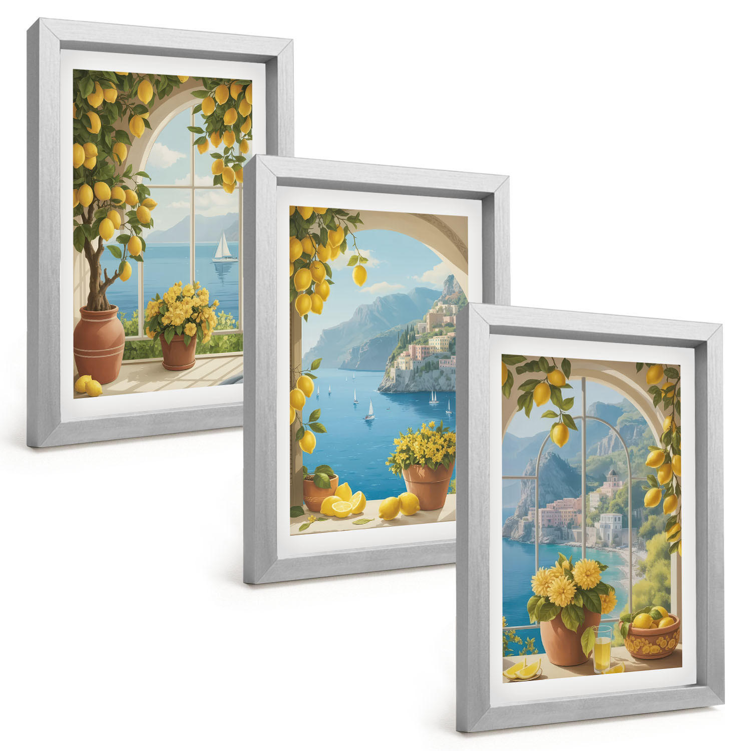 BILDER SET 3er Set - 20x30 cm Silberner Rahmen - Meereslandschaften, Zitronen, Fenster - Silberfarben, Kunststoff (20/30cm) - TULUP