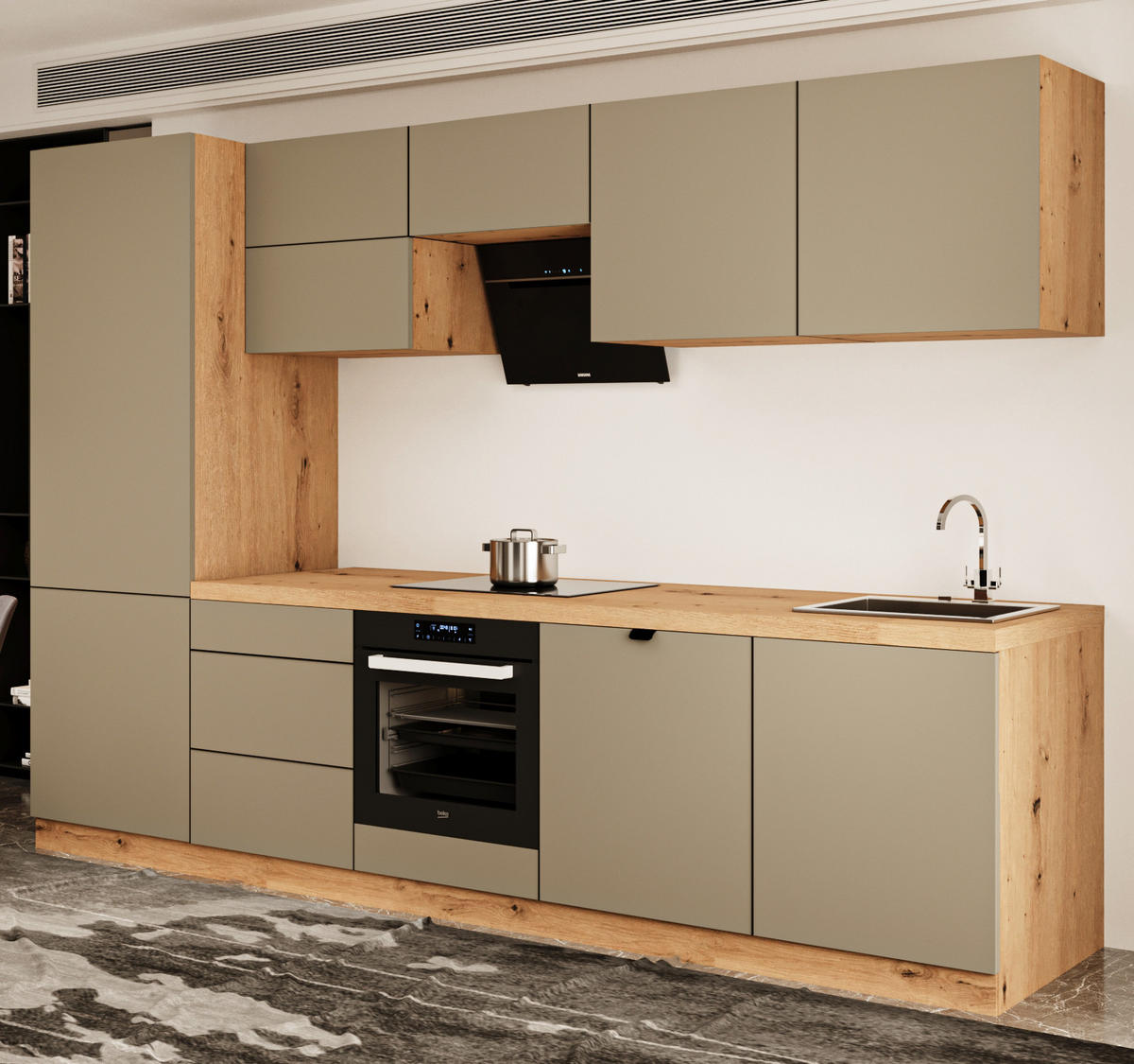 KÜCHENZEILE 300 cm - Langen KL29-M300 - in Beige/Matt - Beige, Holz (300/212/58cm)