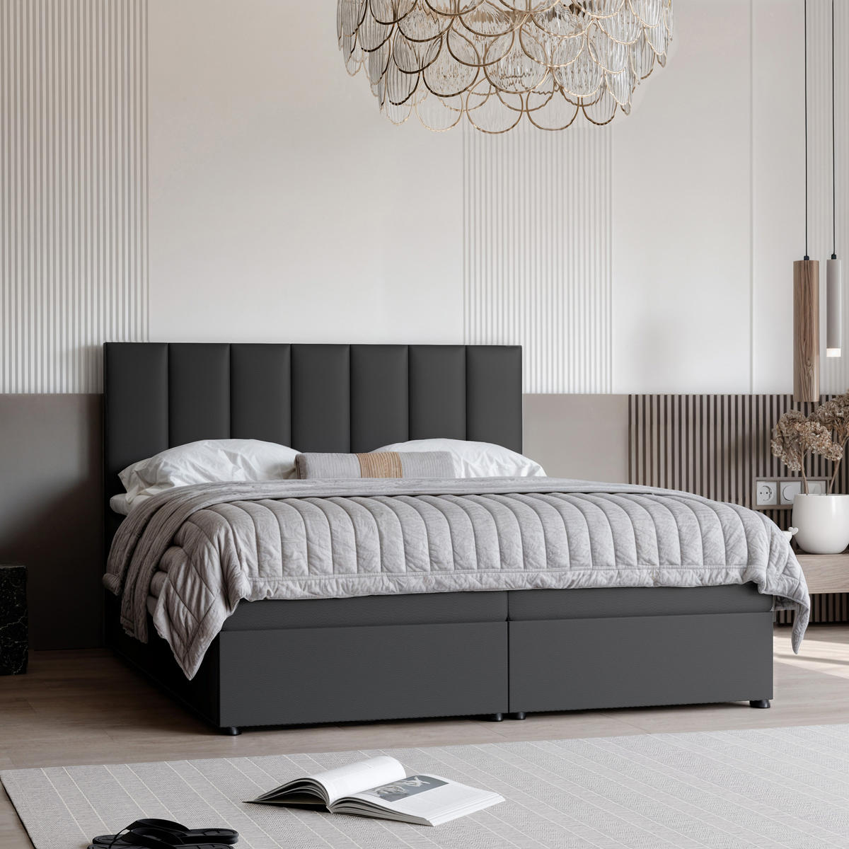BOXBETT ZELTO 200/200 cm, mit Matratze und Topper, Schwarz - Schwarz, Holzwerkstoff/Textil (200/200cm) - Idohome