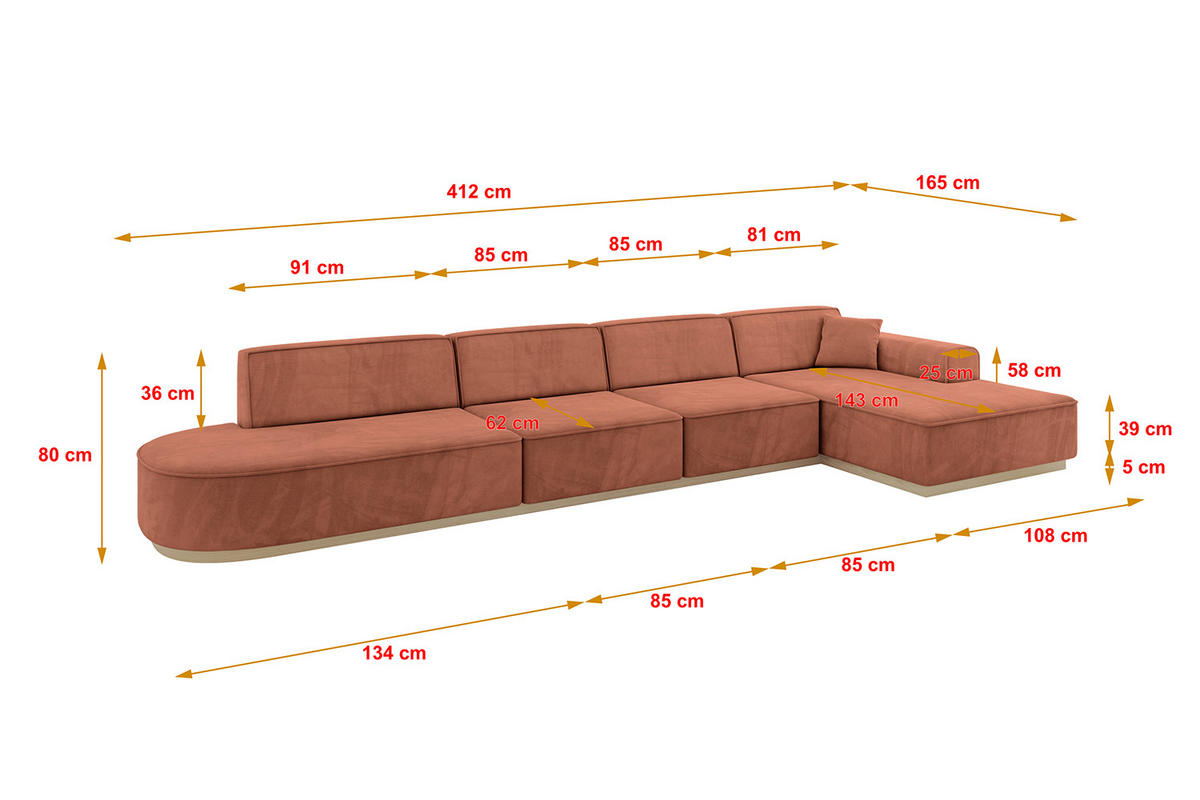ECKSOFA Ottomane Rechts IREA-L3 - 412x165x80 cm Apricot - Koralle, Holzwerkstoff/Textil (412/165cm) - ALTDECOR