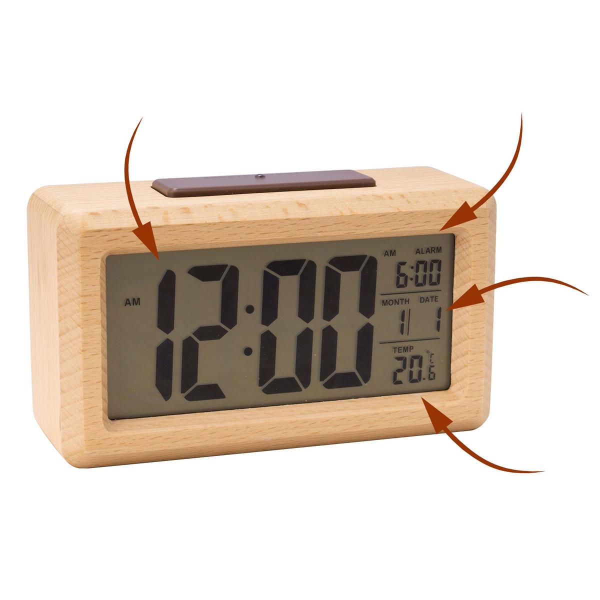 VÄCKARKLOCKA natur digital trä - Ljusbrun, Trä/Plast (13.5/8/5cm) - Relaxdays