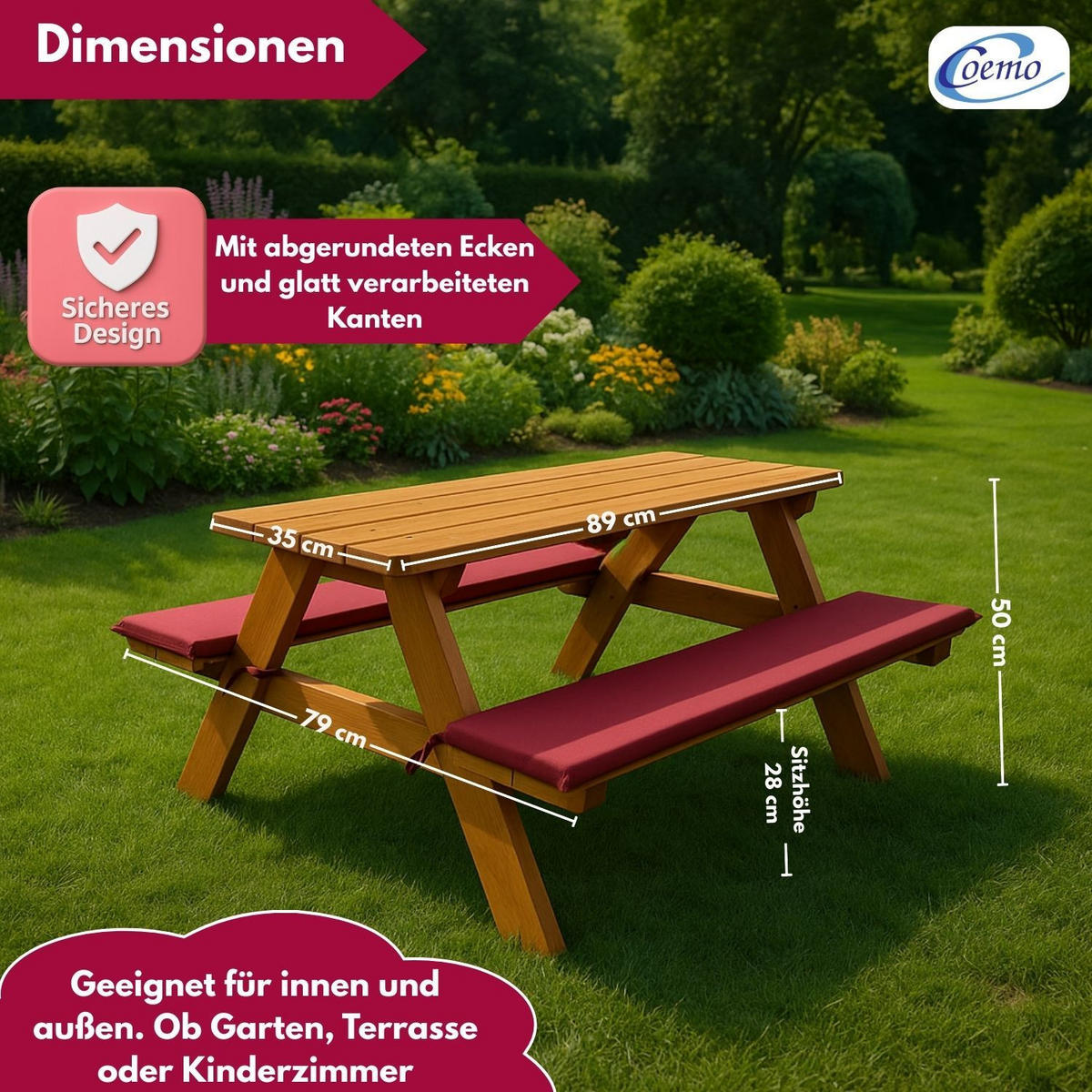 KINDERSITZGRUPPE GARTEN Holz mit Sitzauflagen Farbe Rotbraun 89/79/50 cm - Braun, Holz (79/50/89cm) - Coemo