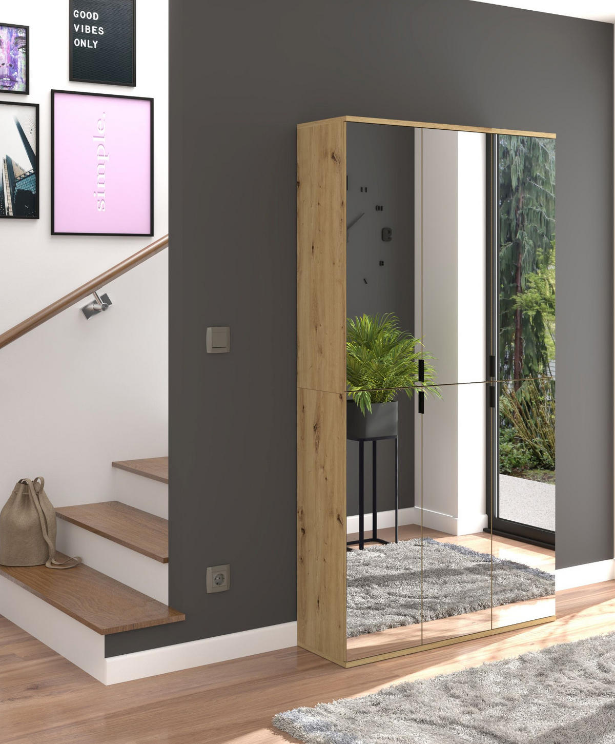 GARDEROBENSCHRANK Artisan Eiche 91 cm, Flurschrank 6-türig mit Spiegel - Chromfarben/Schwarz, Glas/Holzwerkstoff (91/193/34cm) - Inn.Furn