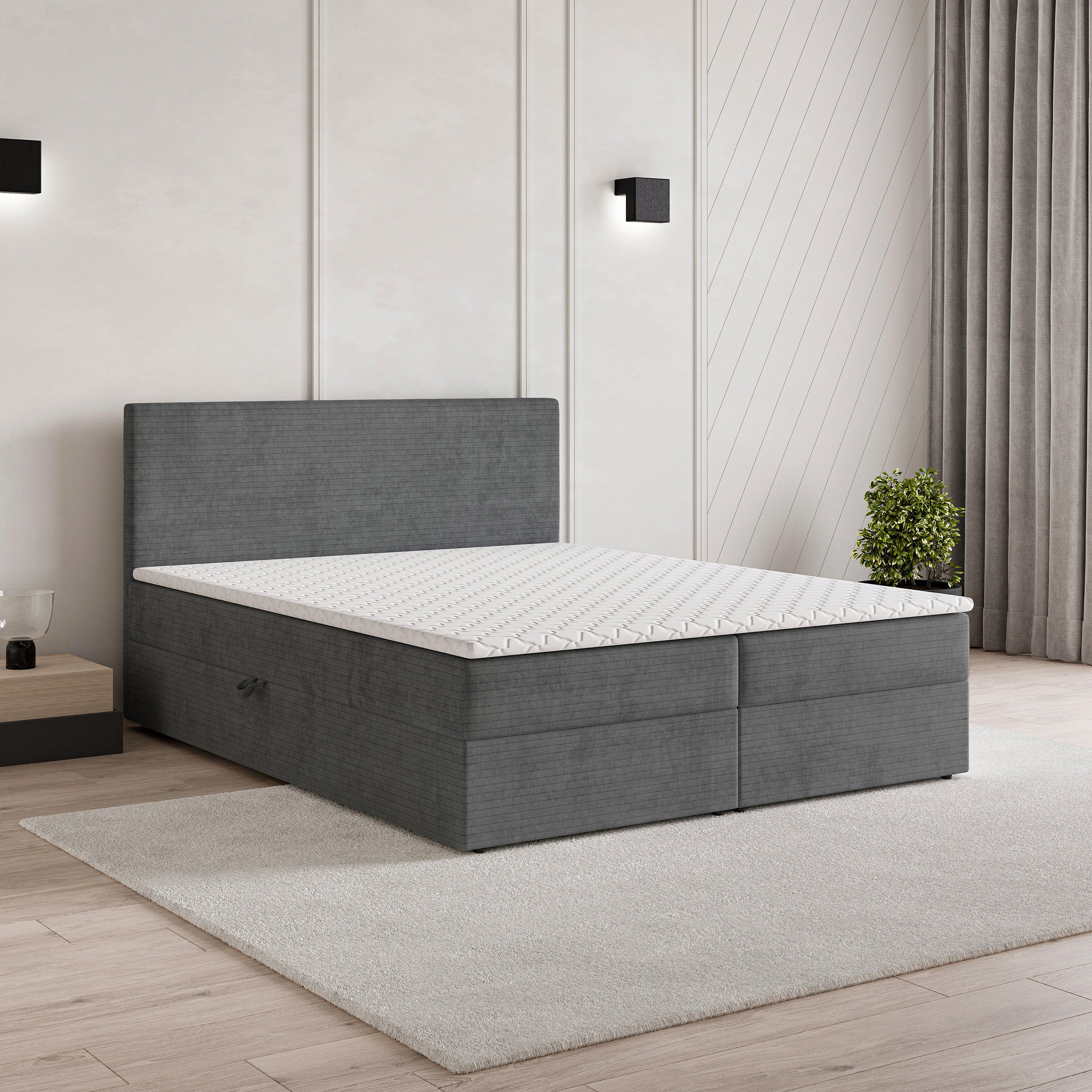 BOXBETT NIRA 140x200 cm mit Matratze und Topper - Grau - Grau, Holz (140/200cm) - MASSENO